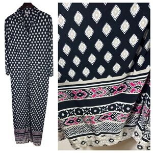 Chicos Maxi Shirtdress Dress Sz 2 (Large 12 14) Black Diamond Floral Liquid Knit